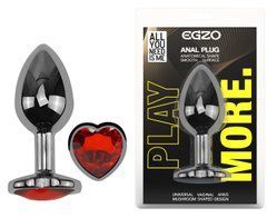 Анальная пробка с кристаллом EGZO - Dark Silver Heart Plug Red size M