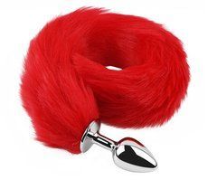 Анальная пробка с хвостом EGZO - Fox Tail Silver Plug Red, size S