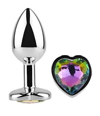Анальна пробка з кристалом EGZO - Silver Heart Plug Rainbow size M